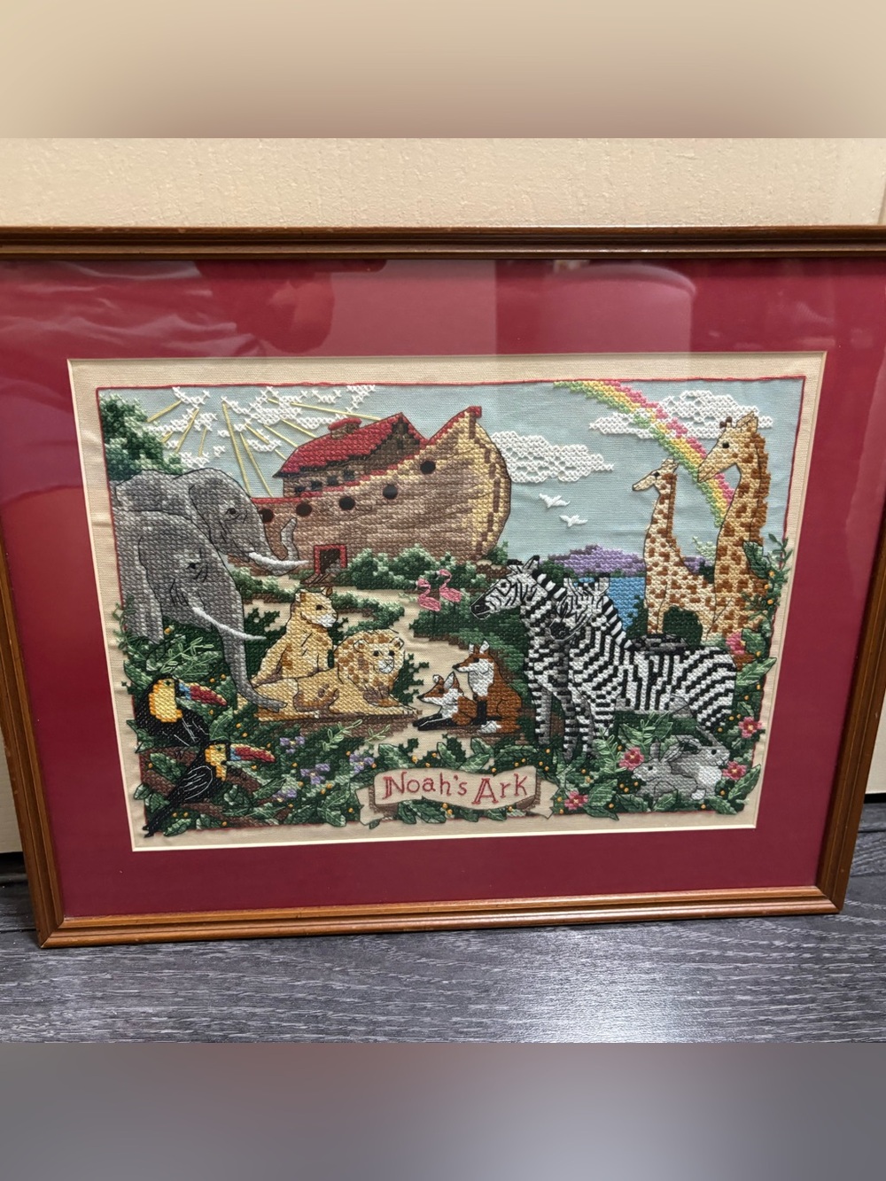 Vintage framed and matted Noah’s Ark needlepoint art